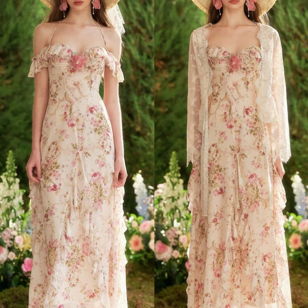 Romantic Pink Floral Off-Shoulder Maxi Dress